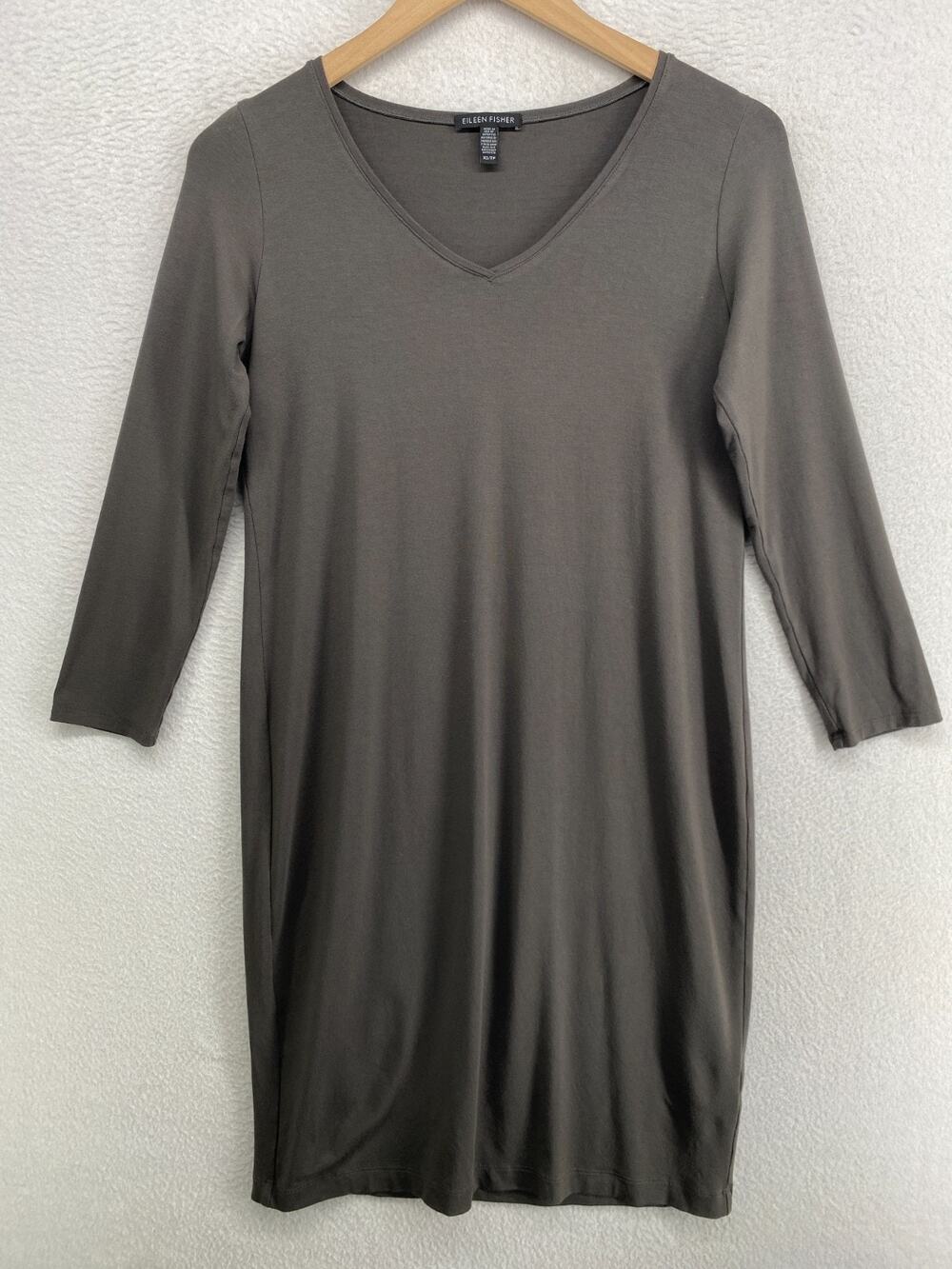 EILEEN FISHER Dress XS Stretch Viscose Jersey Shift T-Shirt Long Sleeve Gray USA